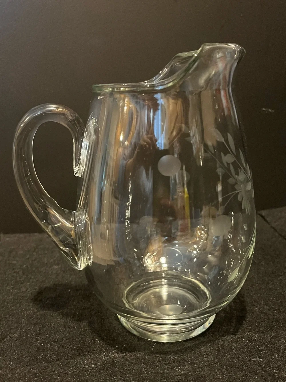 Vintage Clear Glass Pitcher with Delicate Etched Floral and Leaf Motif 4.5 Cup